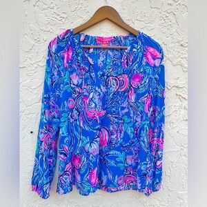 Lilly Pulitzer Blue and Pink Floral Blouse Long Sleeves Size XS